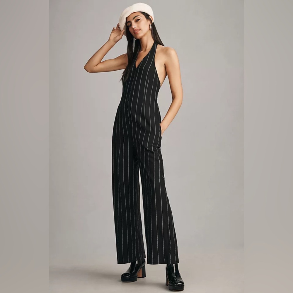 Anthropologie Black Pinstripe Halter Jumpsuit